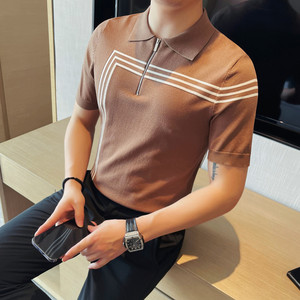 3768-P68短袖针织冰丝t恤男士夏季圆领镂空半袖体恤POLO衫拉链图片