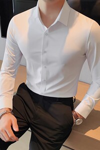 老款继续做1071-P95 高弹无痕压胶长袖衬衫男时尚商务休闲衬衣图片