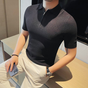3755-P68 半拉链短袖针织T恤男士夏季修身翻领半袖polo衫图片