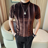 T2613-P38绒布条纹短袖体恤男士春夏新款弹力修身小中领半袖T恤，男装T恤，电商B333