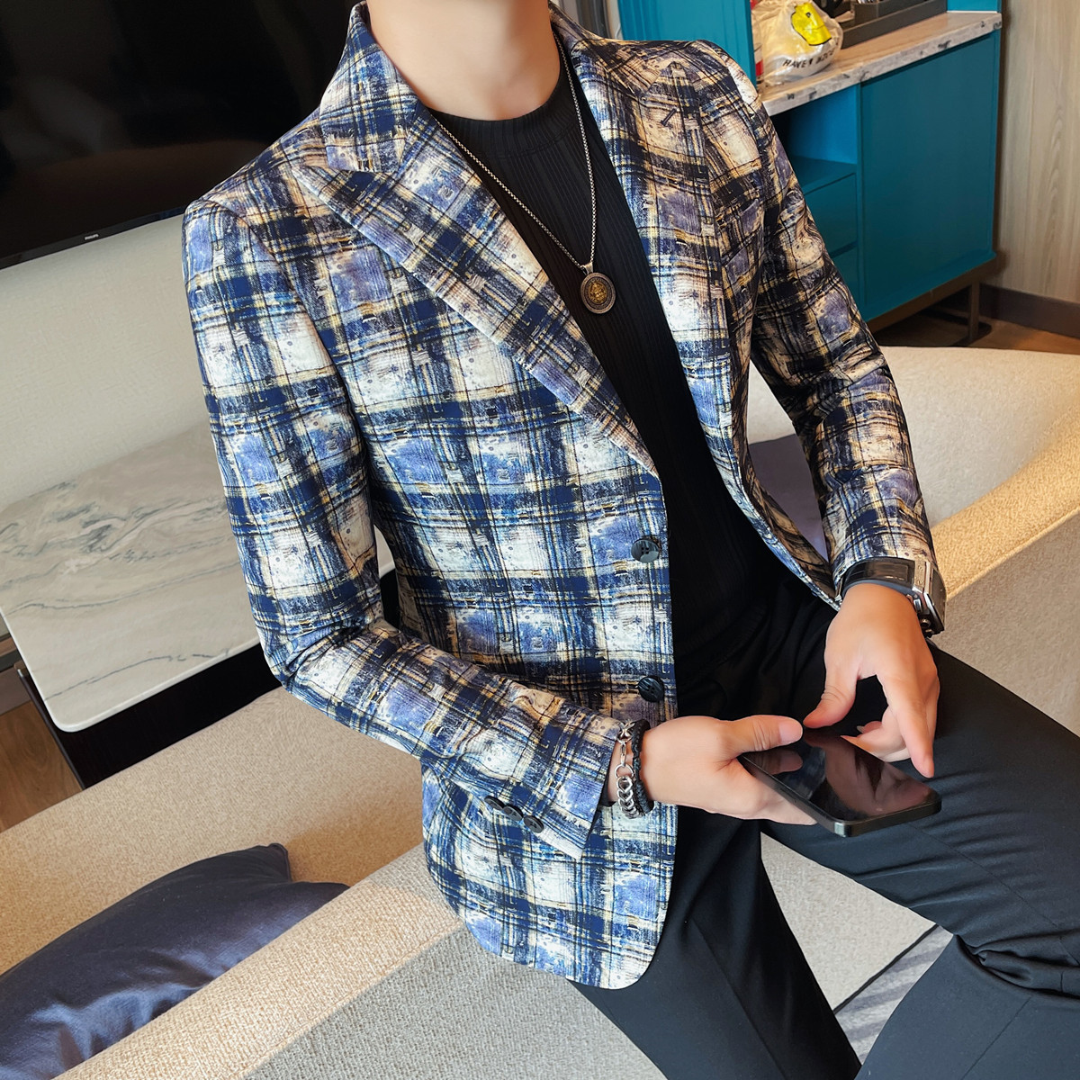 XF1079-P145秋冬季休闲小西服男士韩版潮流修身帅气格子单西西装,男装西服,电商B333