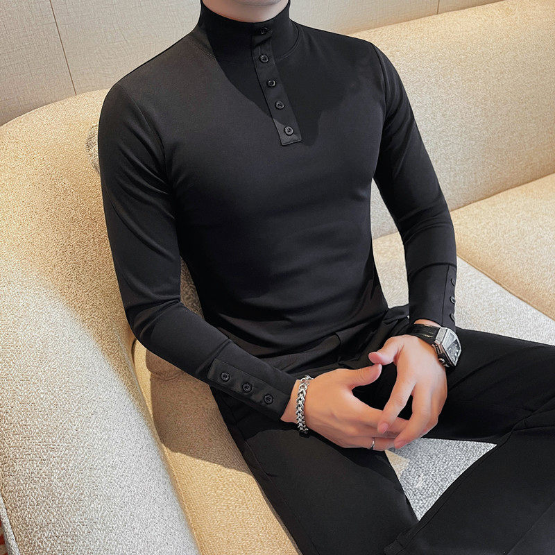 7907-P58 长袖体恤男士秋冬半高领纯色打底t恤 领子纽扣图片