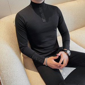 7907-P58 长袖体恤男士秋冬半高领纯色打底t恤 领子纽扣图片