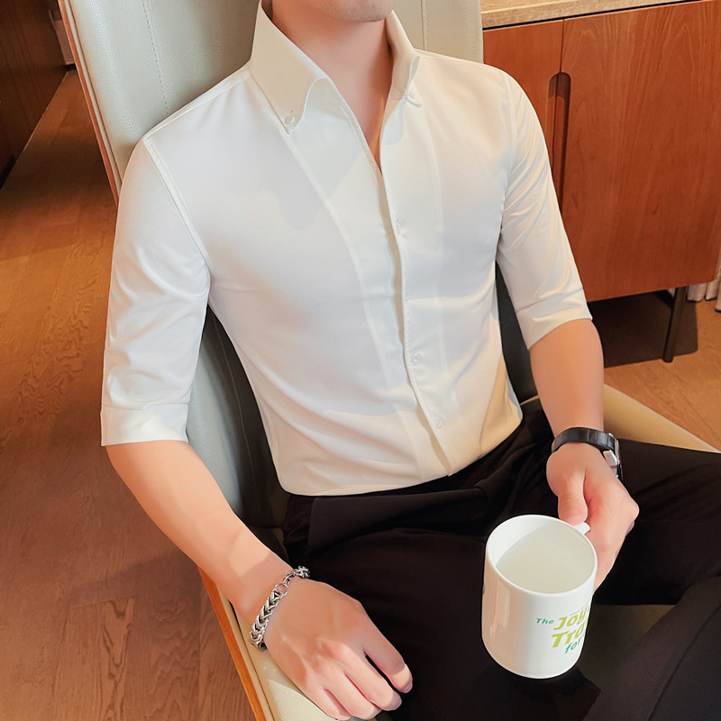 ZX7667-P58中袖衬衫男士夏季潮流休闲帅气纯色修身帅气衬衣白,男装衬衫,电商B333