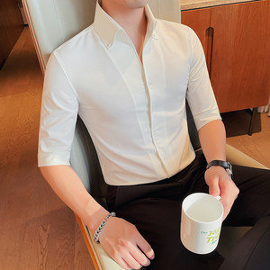 ZX7667-P58 中袖衬衫男士夏季潮流休闲帅气纯色修身帅气衬衣白图片