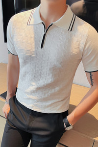 HL004-P58 短袖polo衫男士夏季格子拉链翻领针织冰丝修身t恤图片