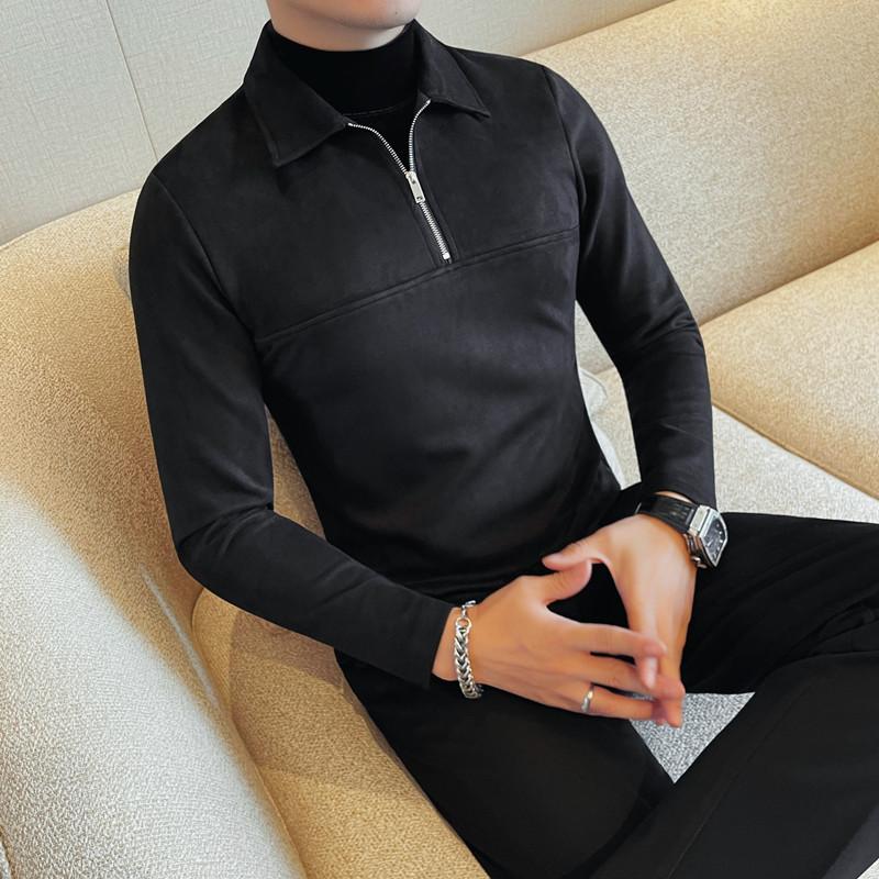 7928-P68拉链款假两件纯色长袖POLO领潮流帅气打底衫T恤,男装T恤,电商B333