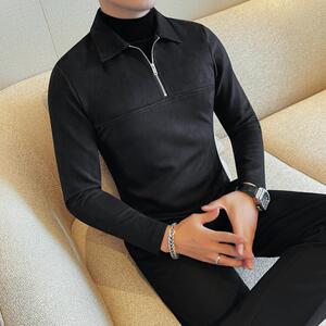 7928-P68 拉链款假两件纯色长袖POLO领潮流帅气打底衫T恤图片