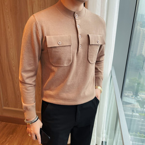 3785-P78 男士厚毛衣新款圆领修身商务休闲针织衫口袋上衣打底衫图片
