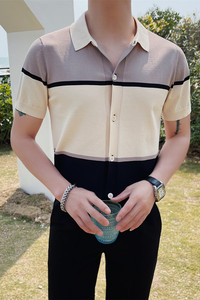 3356-P78 男士短袖polo衫夏季修身针织冰丝开衫潮流休闲半袖t恤图片
