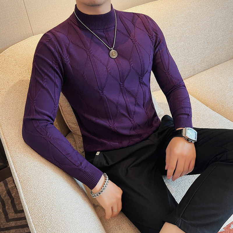 8518-P58半高领毛衣男秋冬韩版提花修身针织衫男士休闲内搭打底衫图片