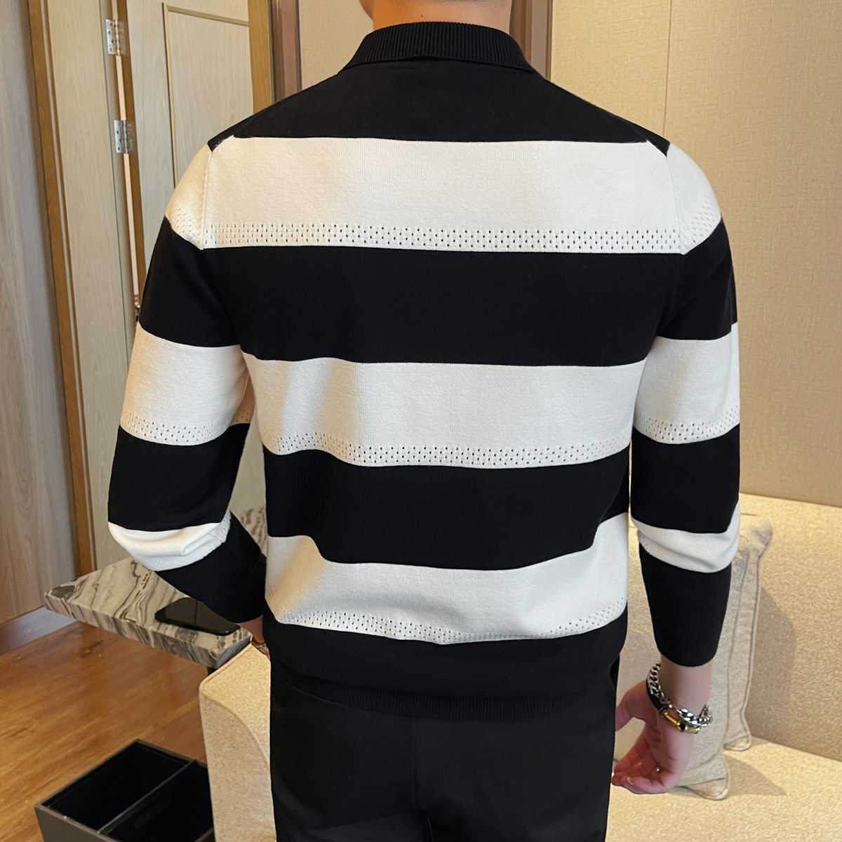3787-P75男士厚款条纹毛衣新款翻领修身商务休闲针织衫上衣打底衫,男装T恤,电商B333