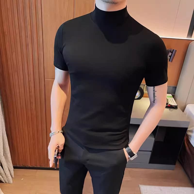 主推大货 5881-特P40男士夏季短袖t恤紧身纯色体恤修身半高领打底图片
