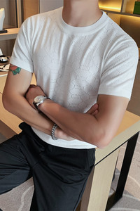 老款继续做YT03-P45夏季男士冰丝短袖纯色T恤圆领休闲潮流针织衫2图片