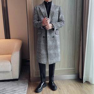 DY1010-P205千鸟格秋冬装中长款毛呢大衣男简约休闲双排扣风衣