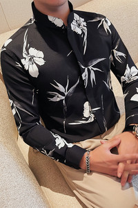 6116-P78 印花衬衫男士长袖立领衬衣 休闲时尚高级感衬衫男图片