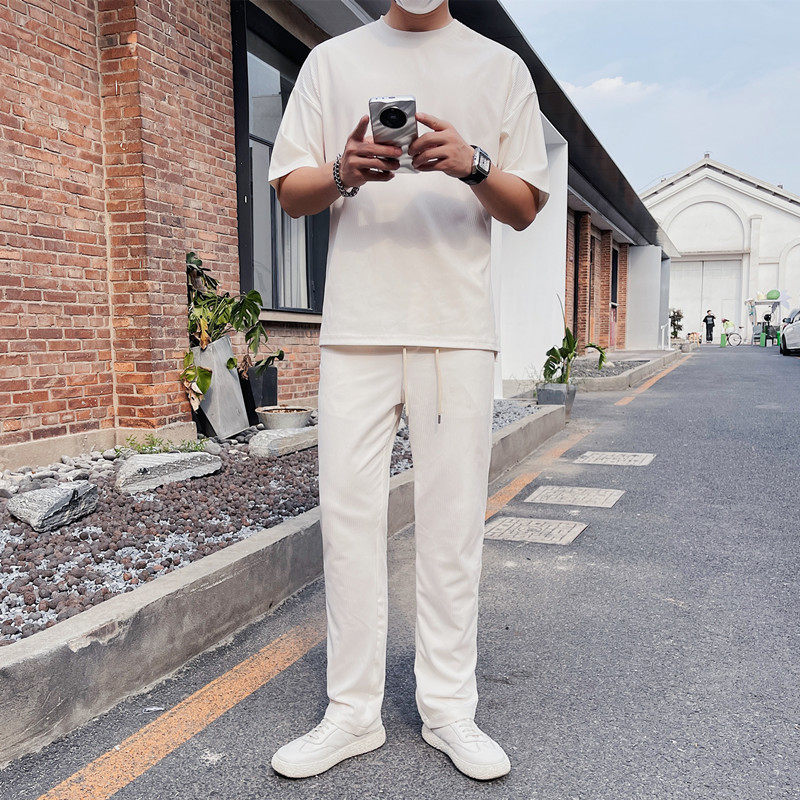 TZ001-P105轻薄冰丝短袖T恤宽松版型运动套装长裤薄款黑色白色，男装T恤，电商B333