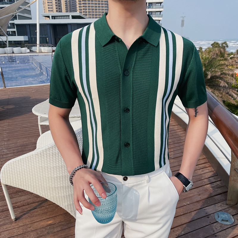 M52-P78 针织冰丝条纹短袖polo衫男士夏季撞色开衫翻领t恤图片