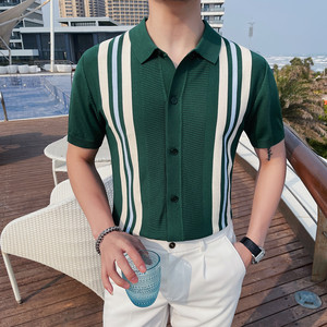 M52-P78 针织冰丝条纹短袖polo衫男士夏季撞色开衫翻领t恤图片