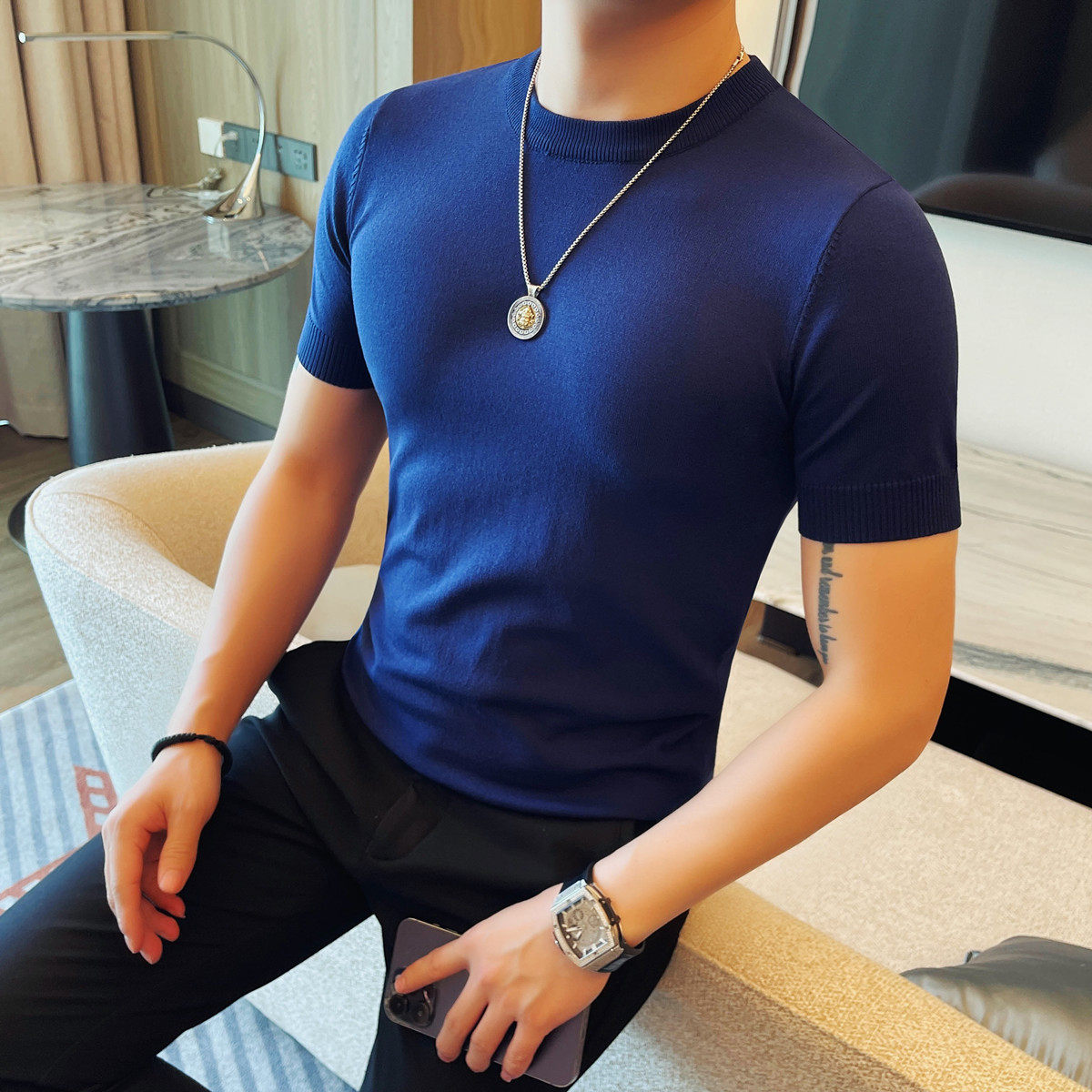 B035-特P35针织冰丝短袖圆领体恤男士夏季新款时尚百搭休闲半袖,男装T恤,电商B333