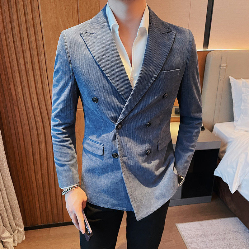23580-P155灯芯绒西装外套男士双排扣西服修身条纹休闲西装,男装西服套装,电商B333