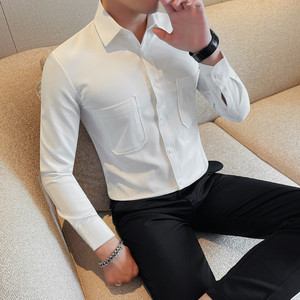 7175-P65 长袖衬衫男士秋冬新款口袋衬衣 华夫格纯色百搭衬衣图片