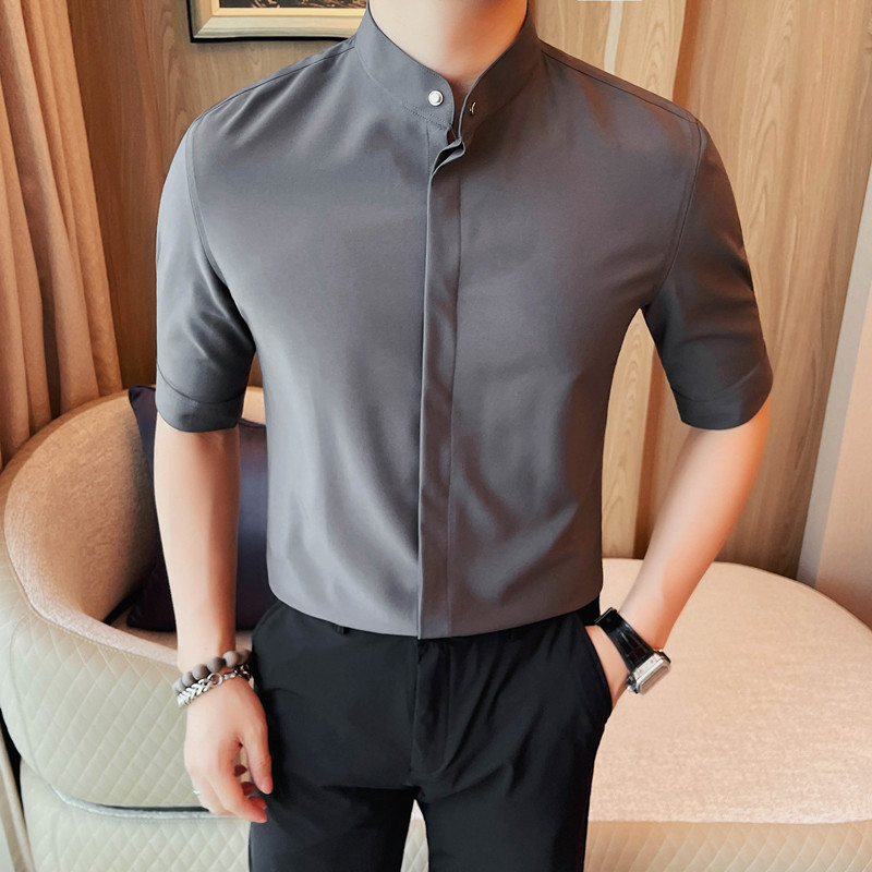 C7122-P5879短袖衬衫男士纯色立领暗扣衬衣商务休闲百搭寸衫,男装T恤,电商B333