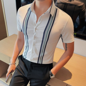7886-P68 短袖衬衫男士夏季潮流休闲帅气个性半袖修身条纹衬衣图片