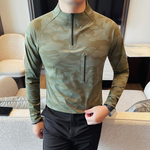 T666-P78 鲨鱼皮半高领高弹立领体恤男士秋冬新款拉链插肩袖T恤图片