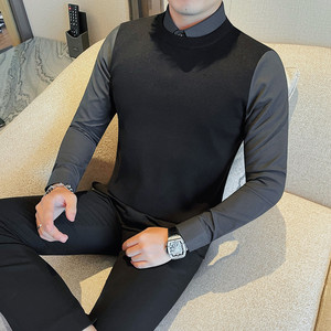 1320-P85假两件毛衣男士衬衫领秋冬季新款男装高级感内搭针织衫
