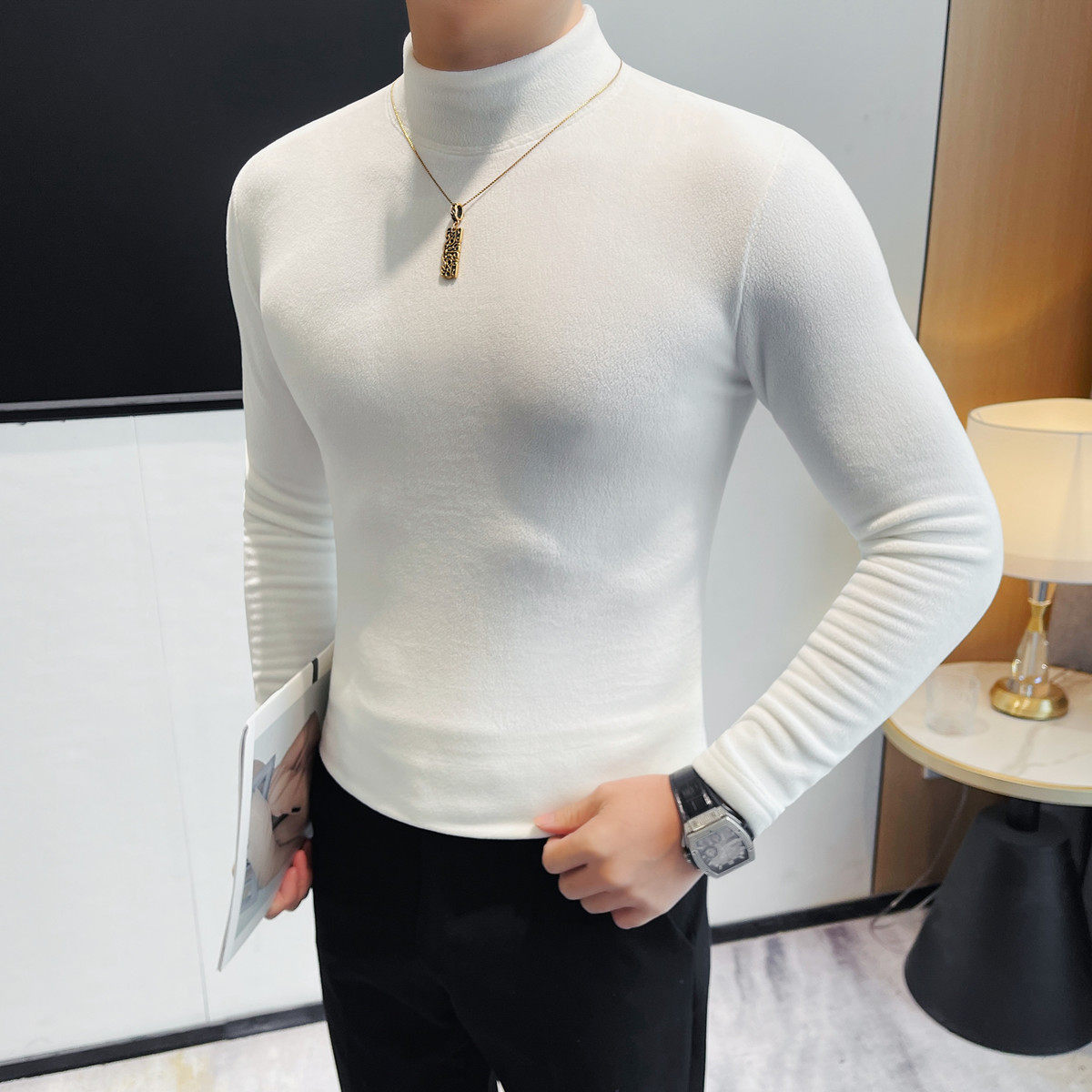 7596-P48摇粒绒厚体恤男士修身弹力保暖打底衫秋冬季加厚半高领,男装T恤,电商B333