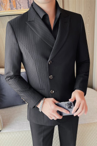 XF1055-P165 单排扣西装外套男士条纹西服 三粒扣后中开叉西装图片