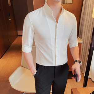ZX7882-P58 中袖衬衫男士夏季潮流休闲帅气纯色修身帅气衬衣绿图片