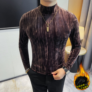 JR999-特P45 加绒半高领金丝绒长袖T恤男修身百搭肌理感打底衫图片