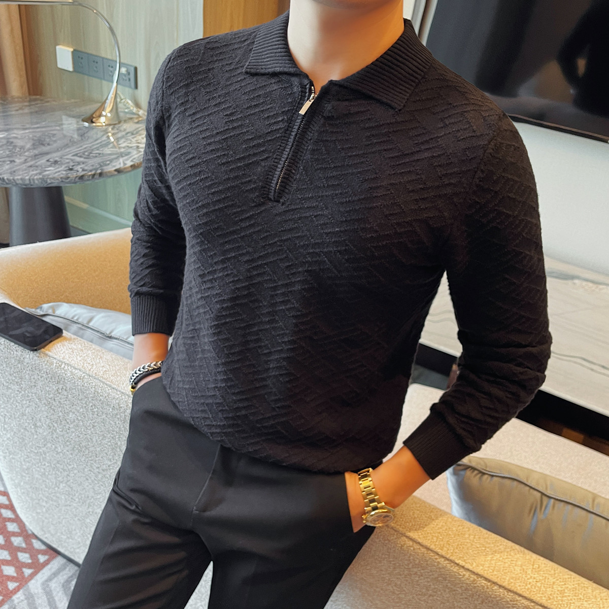 3720-P88厚款拉链毛衣男士针织衫新款修身翻领长袖毛衣打底衫,男装T恤,电商B333