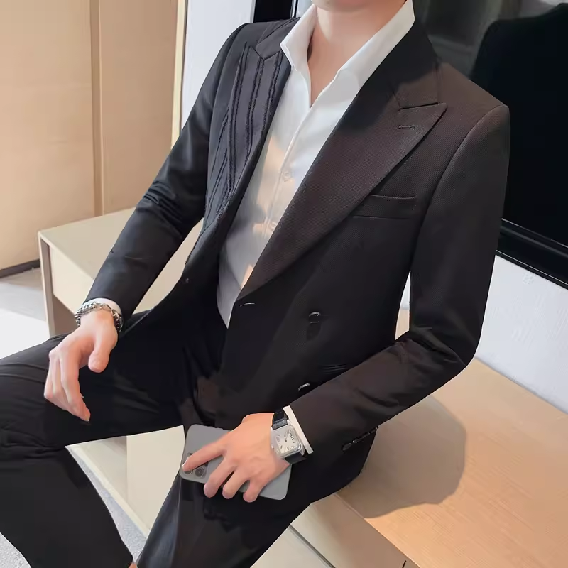 老款继续做6083-P238轻奢双排扣西装外套男士修身休闲西服双开叉,男装西服套装,电商B333