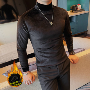 6992-特P50 半高领加绒加厚长袖体恤男士冬季金丝绒打底衫图片