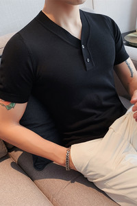 B109-P58 夏季短袖T恤男士韩版修身纯色V领T恤英伦休闲针织衫图片