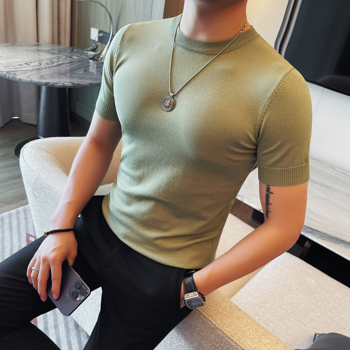 B035-特P35针织冰丝短袖圆领体恤男士夏季新款时尚百搭休闲半袖,男装T恤,电商B333