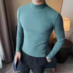 老款继续做3392-P38秋冬男士半高领韩版修身长袖T恤打底衫条纹图片