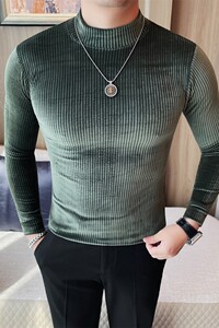 T6910-P48 长袖体恤男士中领修身条纹纯色T恤 半高领打底衫图片