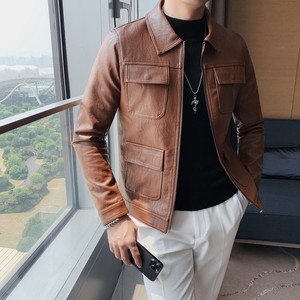 JK108-P130秋冬男修身皮衣型男翻领拉链皮夹克外套咖啡色图片