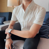 7777-P58短袖衬衫男士夏季潮流休闲帅气纯色修身衬衣绿色，男装T恤，电商B333