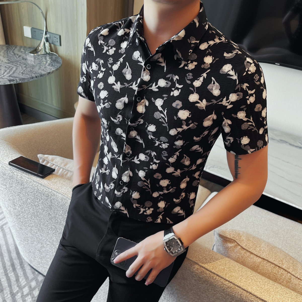 1250-P48男士衬衣夏季新款时尚百搭休闲翻领短袖花衬衫,男装Polo衫,电商B333