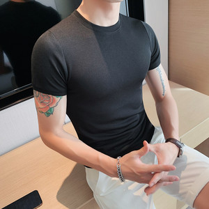 3382-P28韩版修身打底衫 圆领纯色休闲短袖T恤男 白色图片