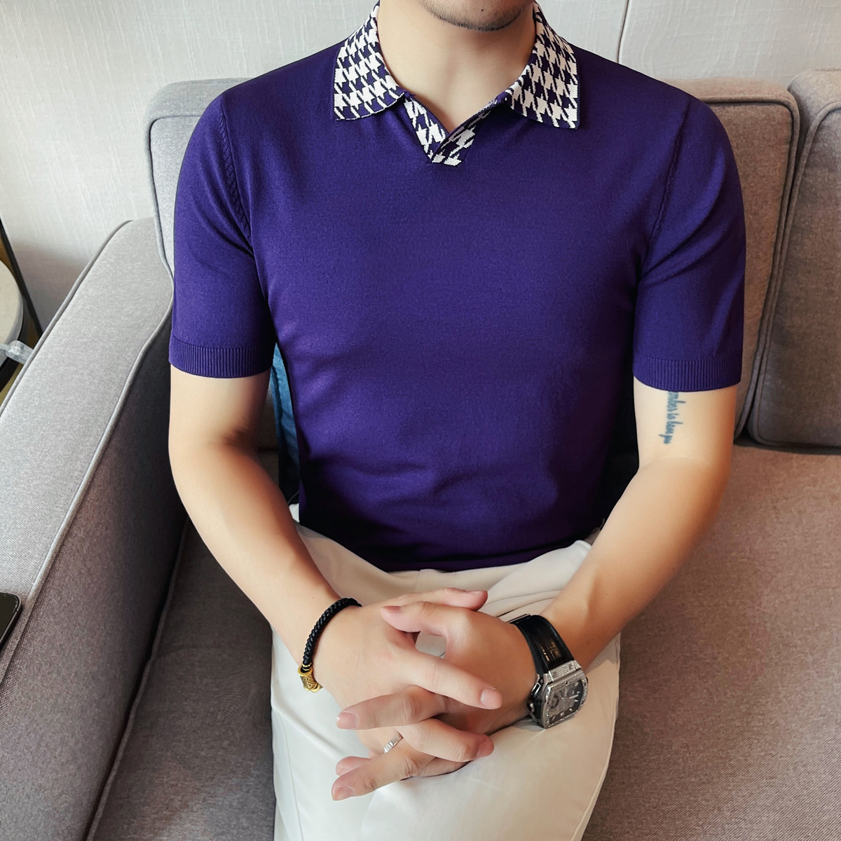3751-P58千鸟格拼色polo衫男痞帅高级感修身夏季短袖针织冰丝t恤,男装T恤,电商B333