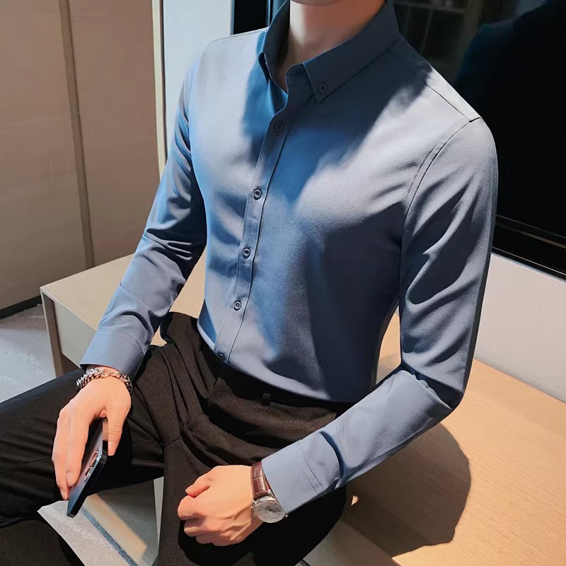 8668-P58青年商务免烫长袖衬衫休闲纯色百搭衬衣男,男装衬衫,电商B333