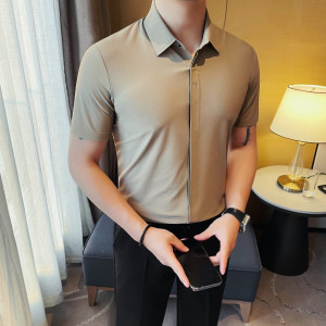 1046-P63短袖冰丝无痕衬衫男士夏季新款修身商务休闲翻领暗扣衬衣图片