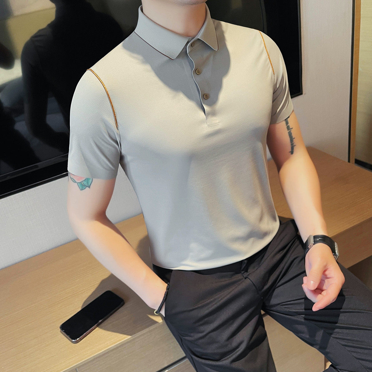 1248-P67 高品质冰丝无痕撞色边短袖POLO衫男士夏季商务休闲翻领图片