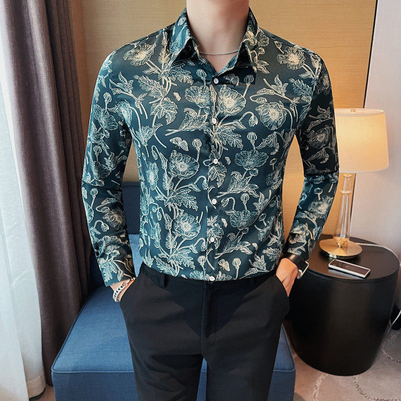7893-P65长袖衬衫男士秋季印花潮流修身衬衣，男装衬衫，电商B333